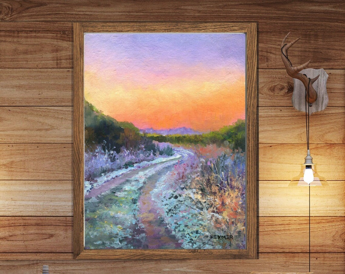 Winter Sunrise Frosty Road Landscape Oil Painting With Pink Sky Poster - Image 6