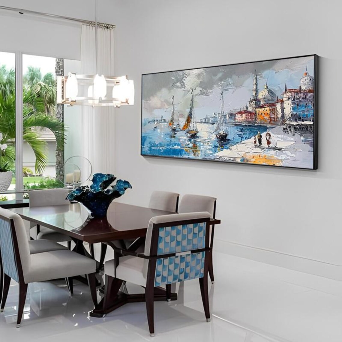 Sailboats In European Harbor Coastal Town Scene Painting Poster - Image 4