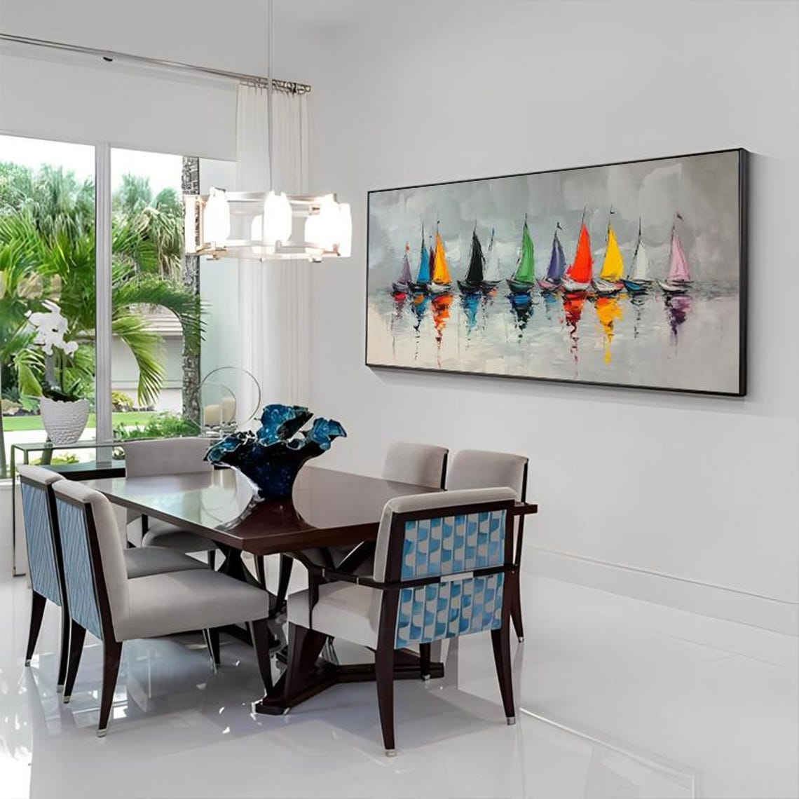 Colorful Rainbow Sailboats on a Calm Grey Sea Nautical Poster - Image 3