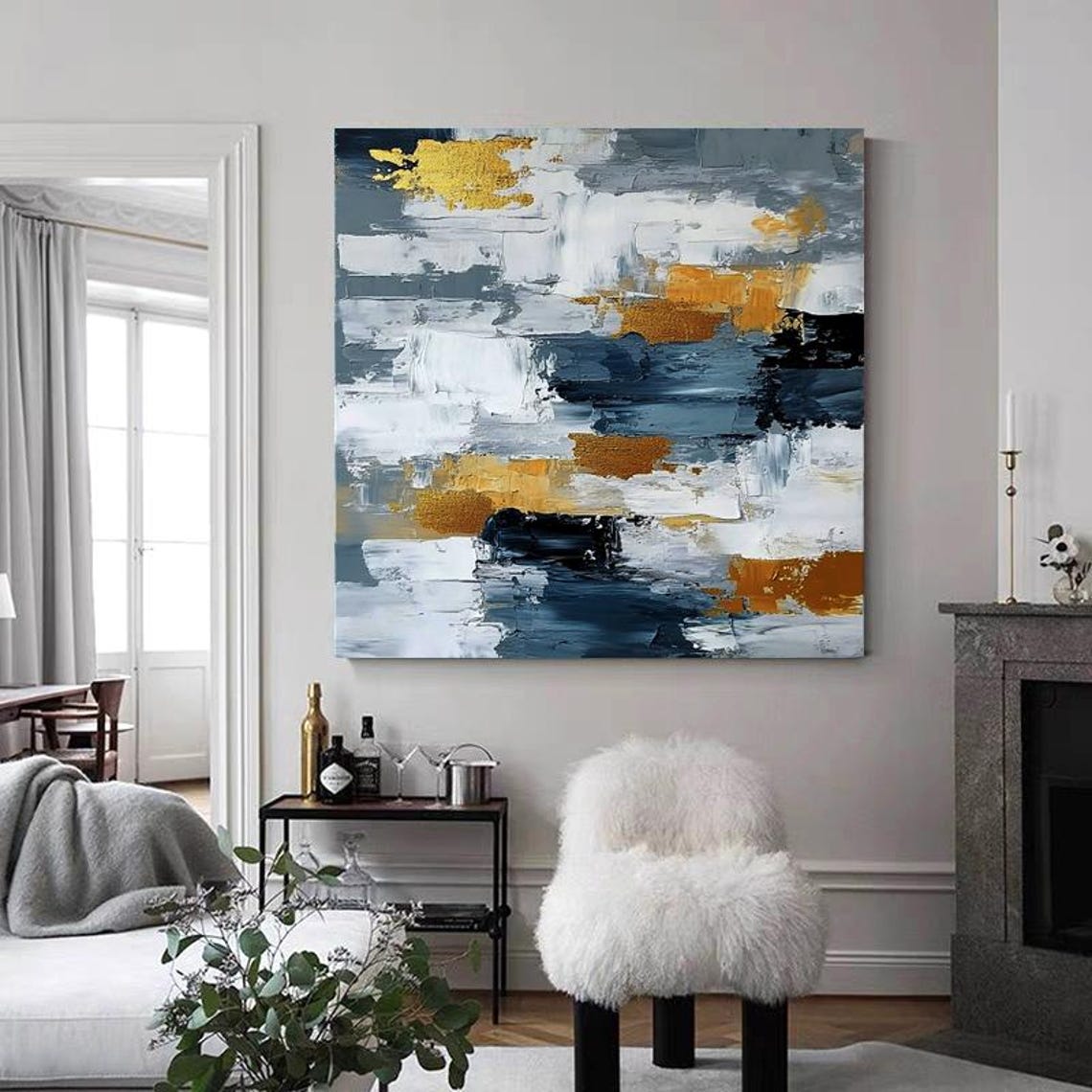 Elegant Grey White and Gold Modern Abstract Oil Painting Poster - Image 6
