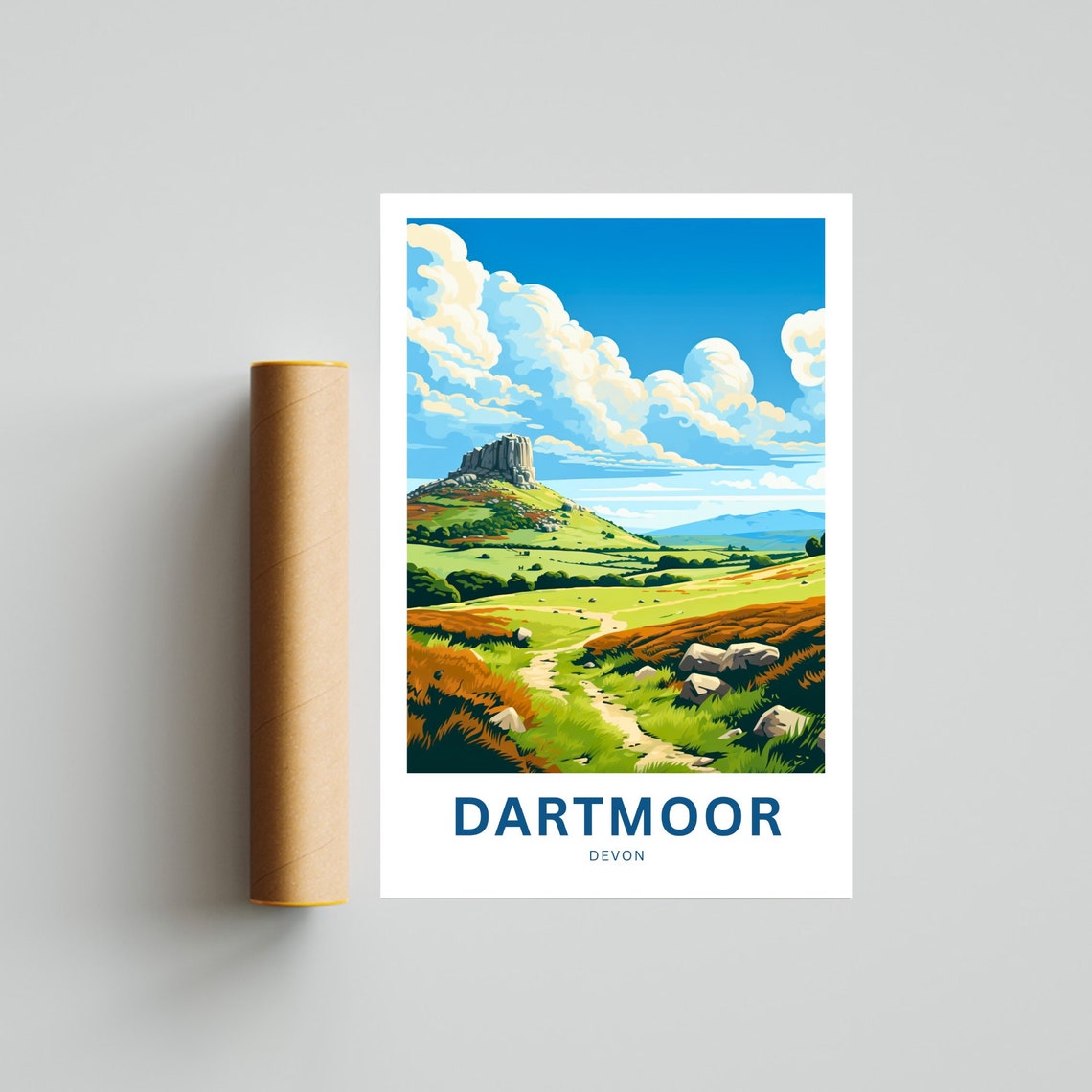 Dartmoor Devon Rocky Tor and Sandy Path Across Wild Grass Poster - Image 4