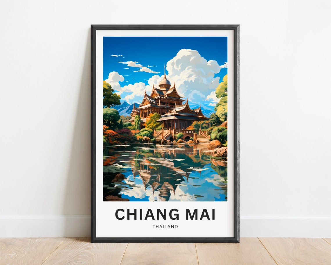 Chiang Mai Thailand Temple Lake Reflection Gardens Travel Poster