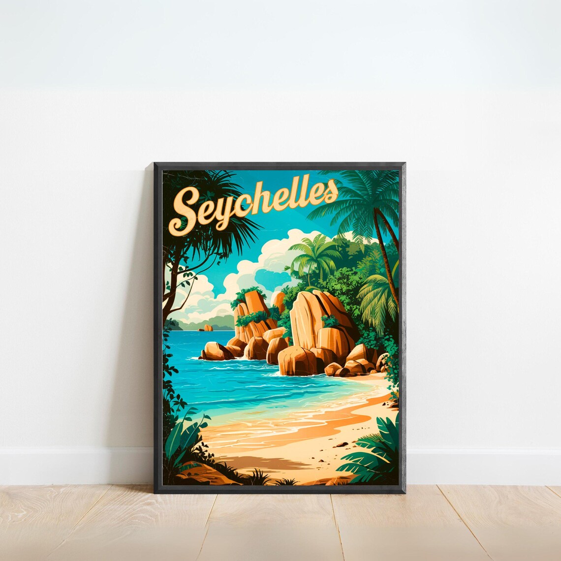 Seychelles Granite Rocks Palm Beach Scene Vintage Travel Poster - Image 2