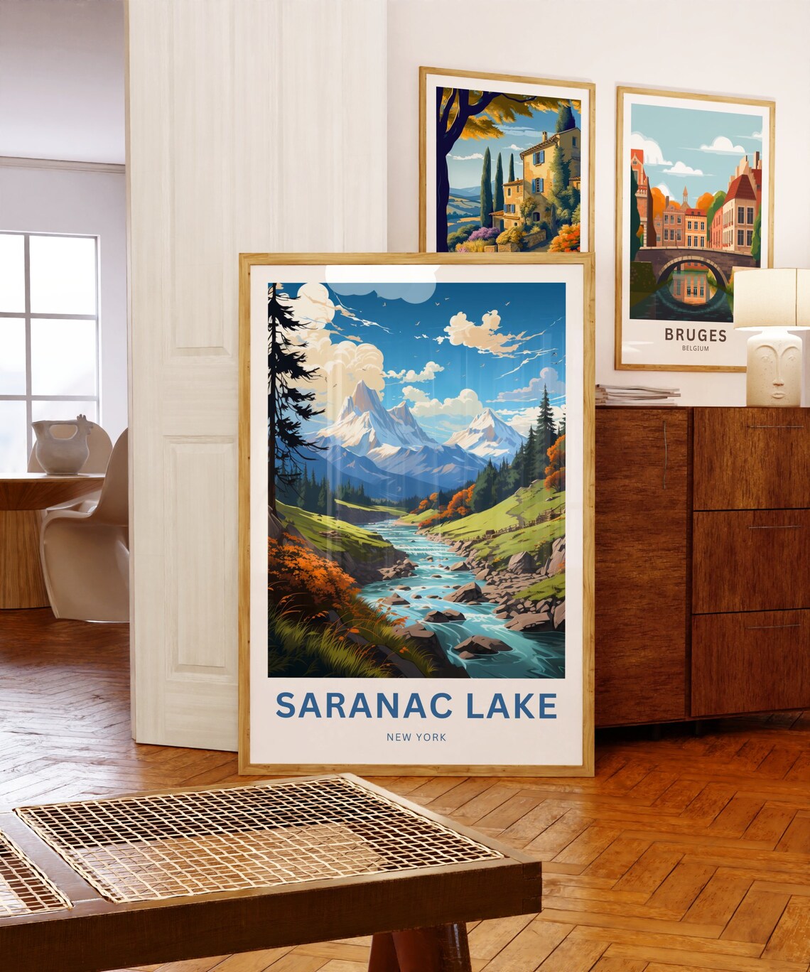 Saranac Lake New York Snow Peaks Rushing River Travel Poster - Image 5
