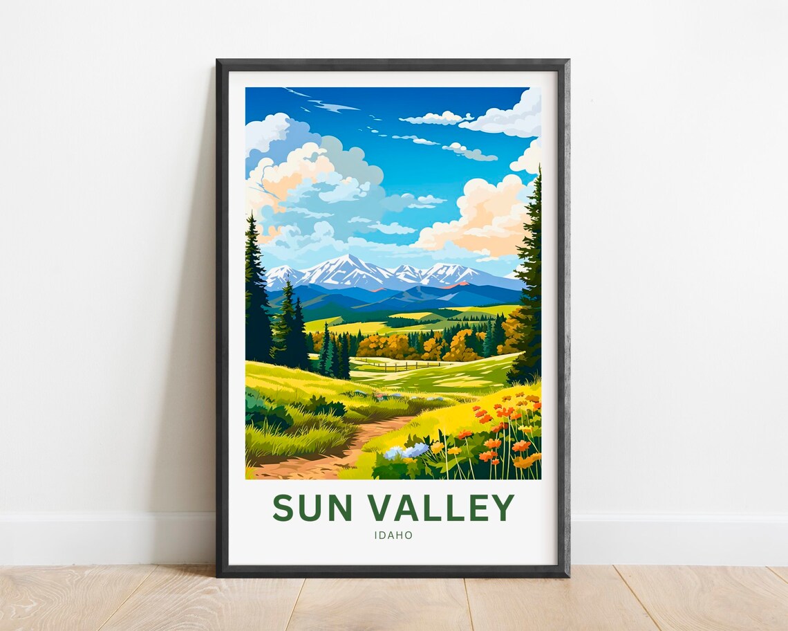 Sun Valley Idaho Travel Poster Wildflower Mountain Meadow Art