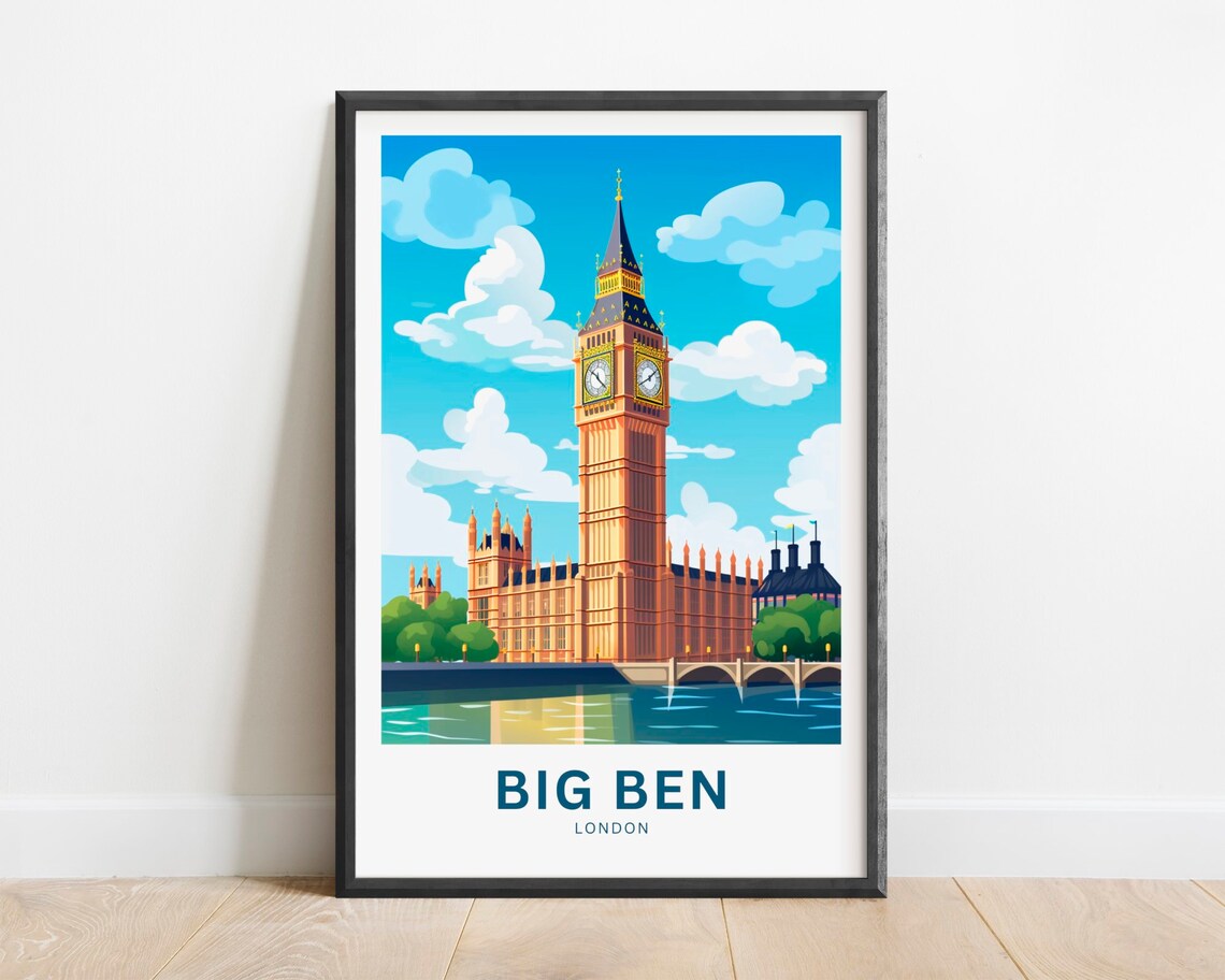 Big Ben Thames Sunset Riverside View London England Travel Poster