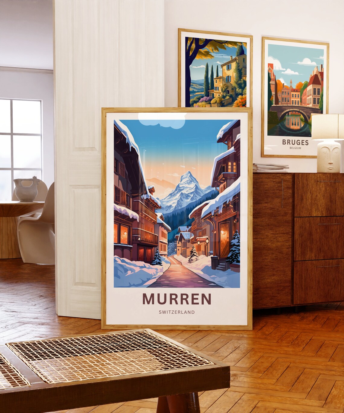 Murren Switzerland Dusk Snow Village Glowing Lights Travel Poster - Image 5