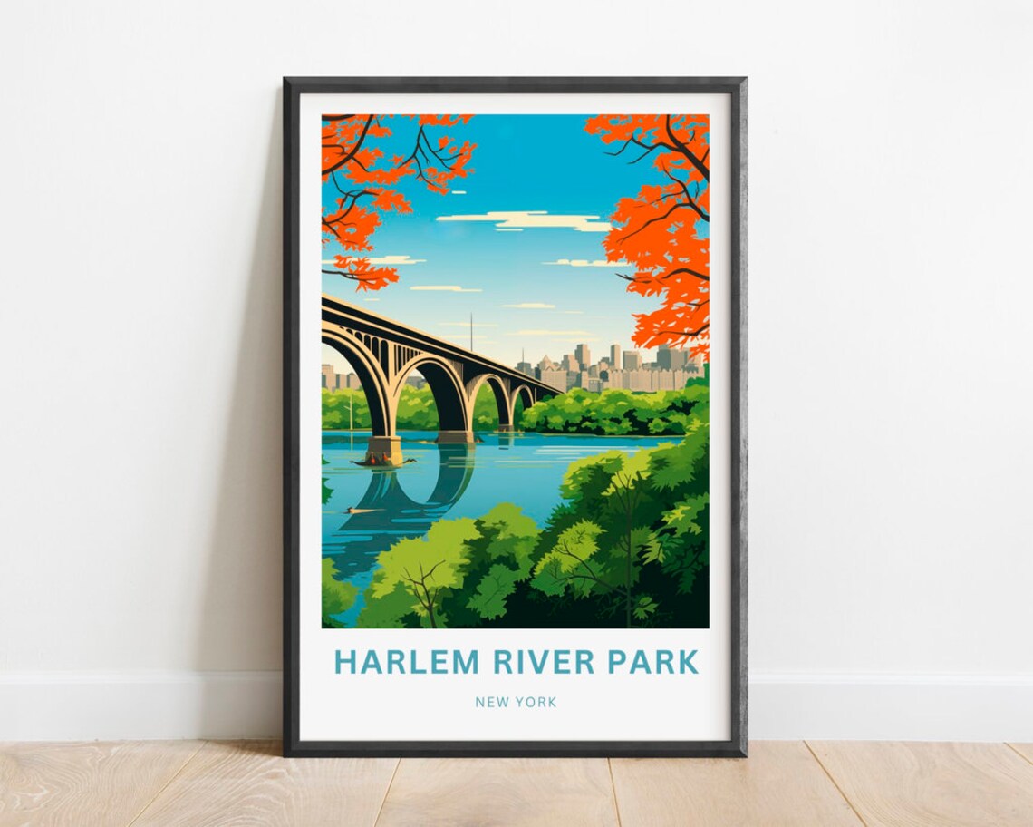 Harlem River Park New York Autumn Skyline Retro Travel Poster