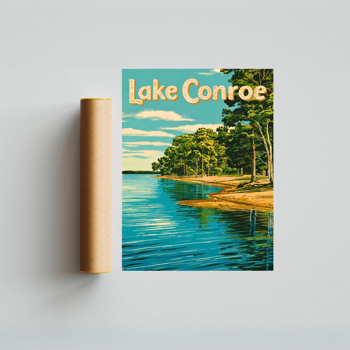 Lake Conroe Texas Travel Poster Curved Sandy Shore Pine Forest Art - Image 4