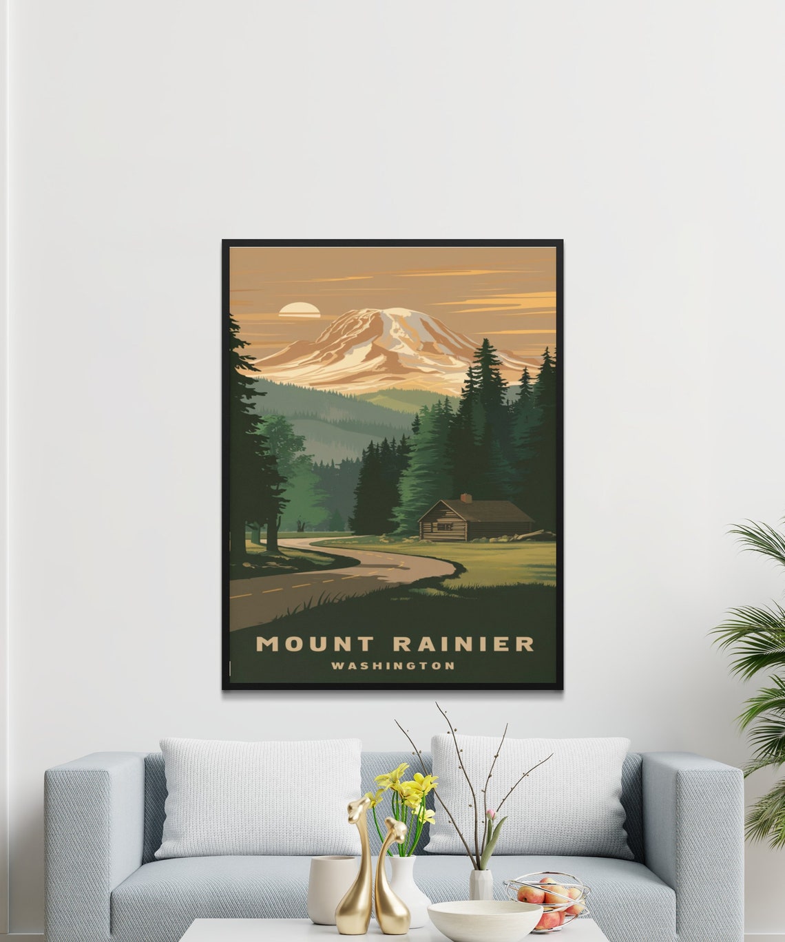 Mount Rainier Washington Retro Poster with Cabin Road and Setting Sun