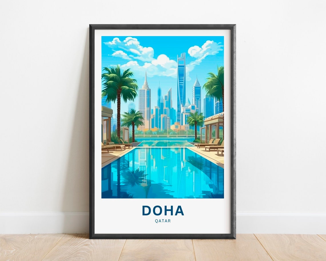 Luxury Doha Qatar Resort Pool Skyline Palm Oasis Travel Poster