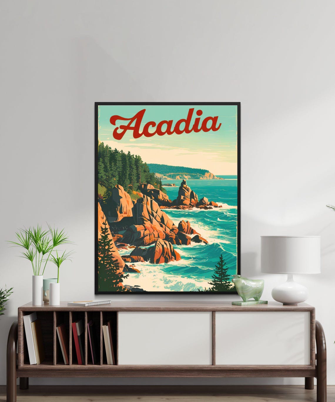 Acadia National Park Vintage Rocky Coastline Pine Forest Poster - Image 2