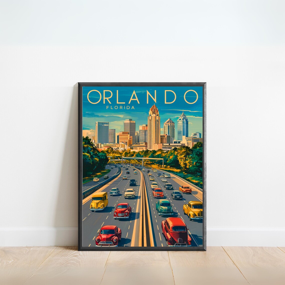 Orlando Florida Classic Cars Highway City Skyline Vintage Poster