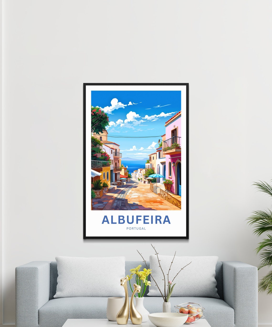 Vibrant Albufeira Portugal Sunny Cobblestone Street Travel Poster - Image 2