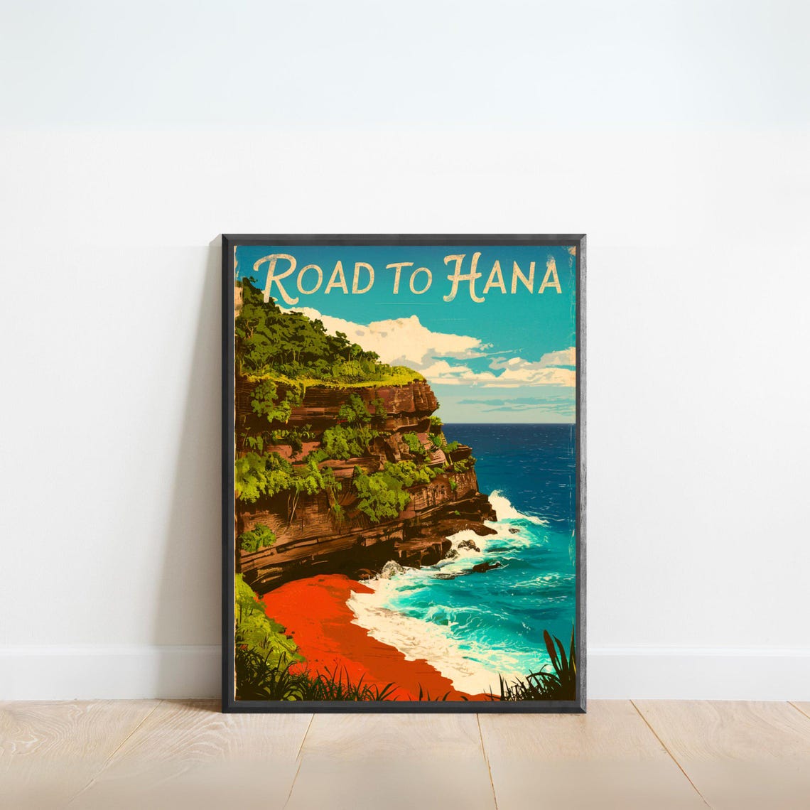 Road to Hana Hawaii Red Sand Beach Cliff Vintage Travel Poster