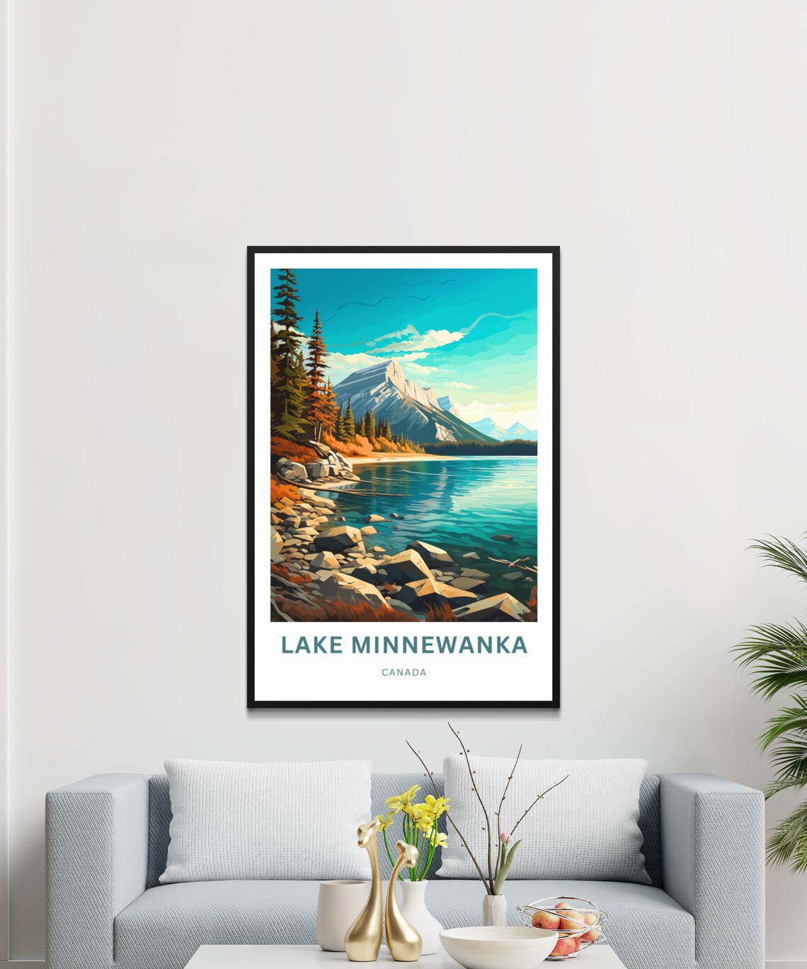 Lake Minnewanka Canada Rocky Shore Snowy Peak Scenic Travel Poster - Image 3