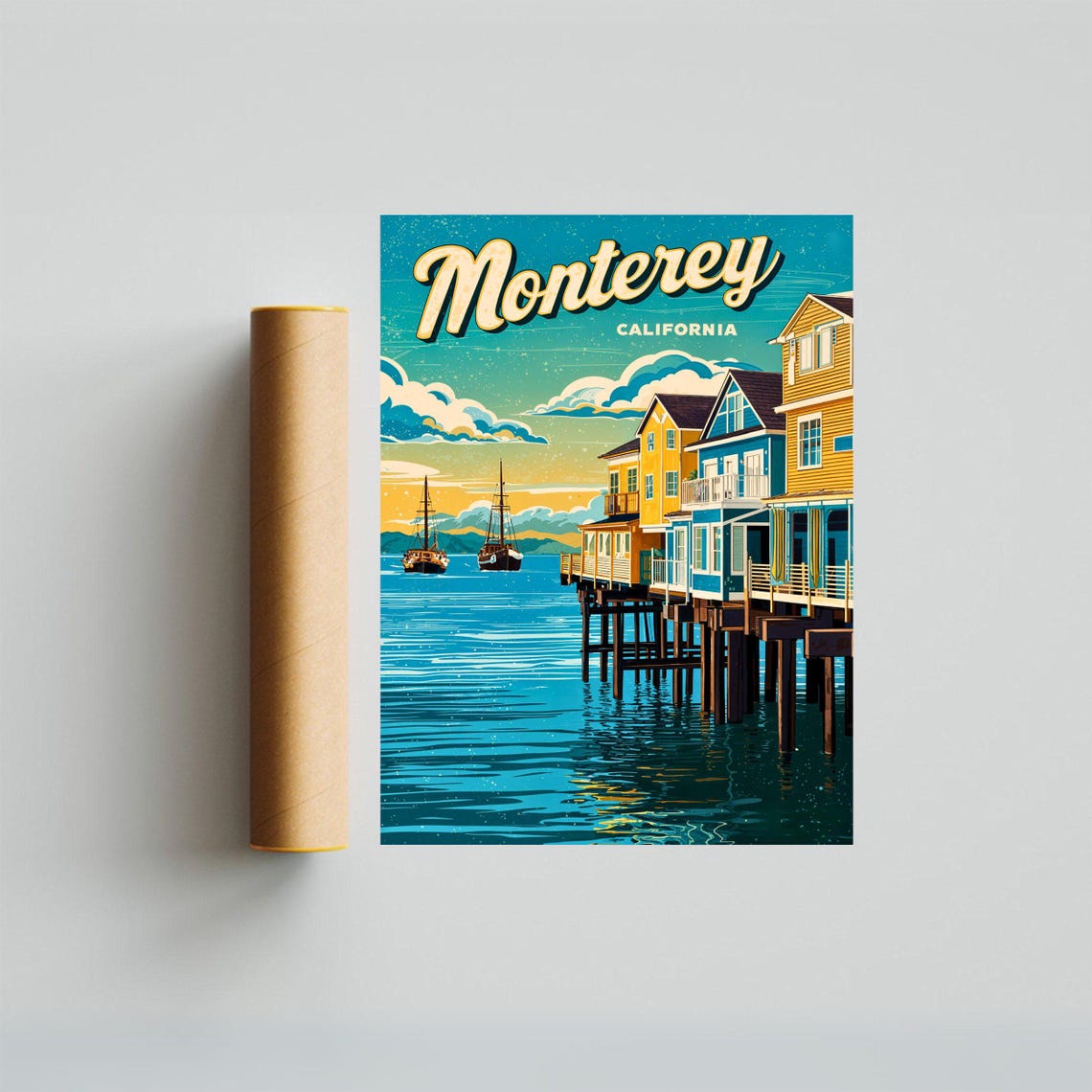 Monterey California Sunset Pier Houses Tall Ships Retro Poster - Image 3