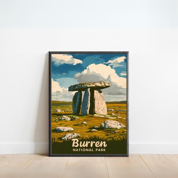 Burren National Park Ireland Vintage Travel Poster Ancient Dolmen View