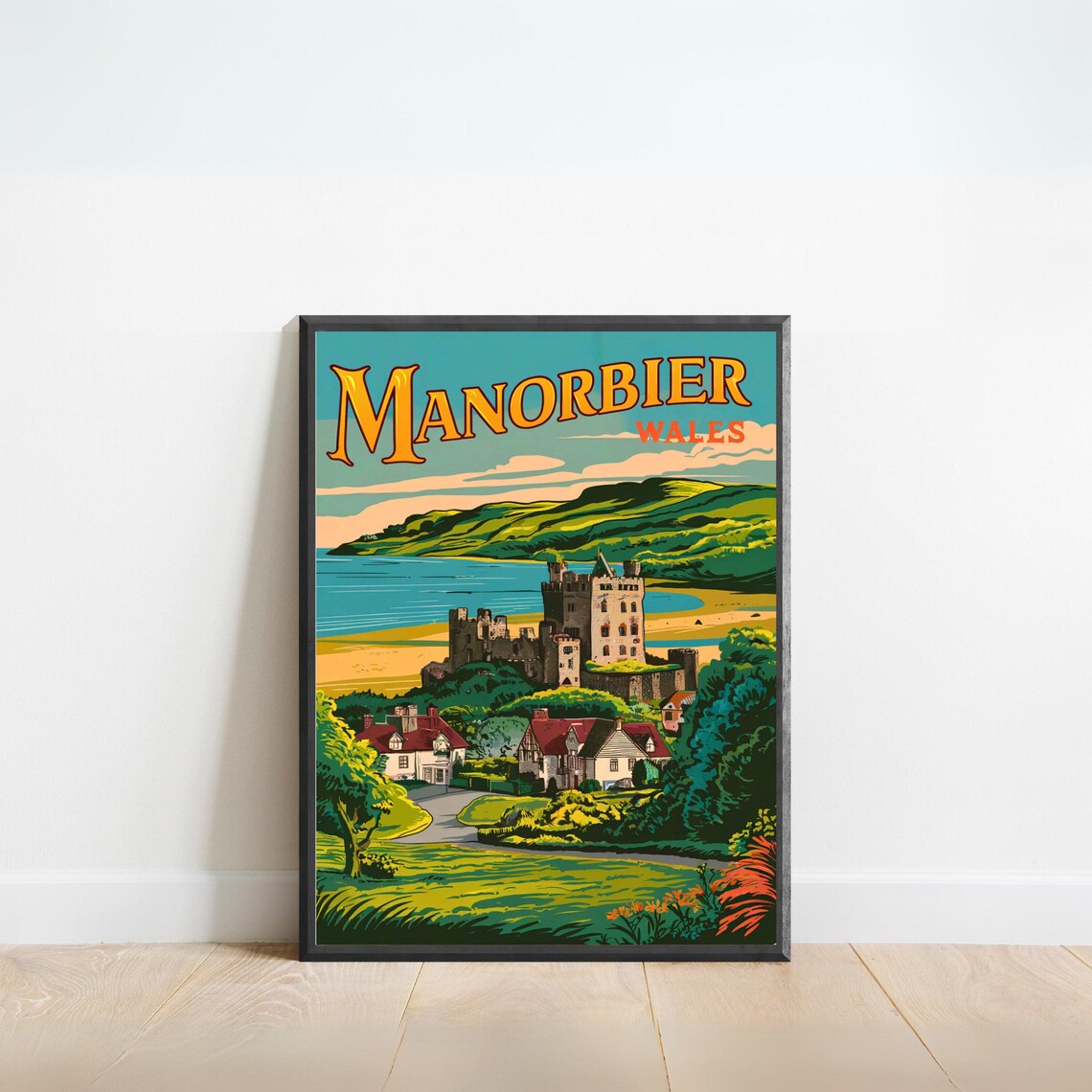 Manorbier Wales Vintage Castle Bay Village Retro Travel Poster