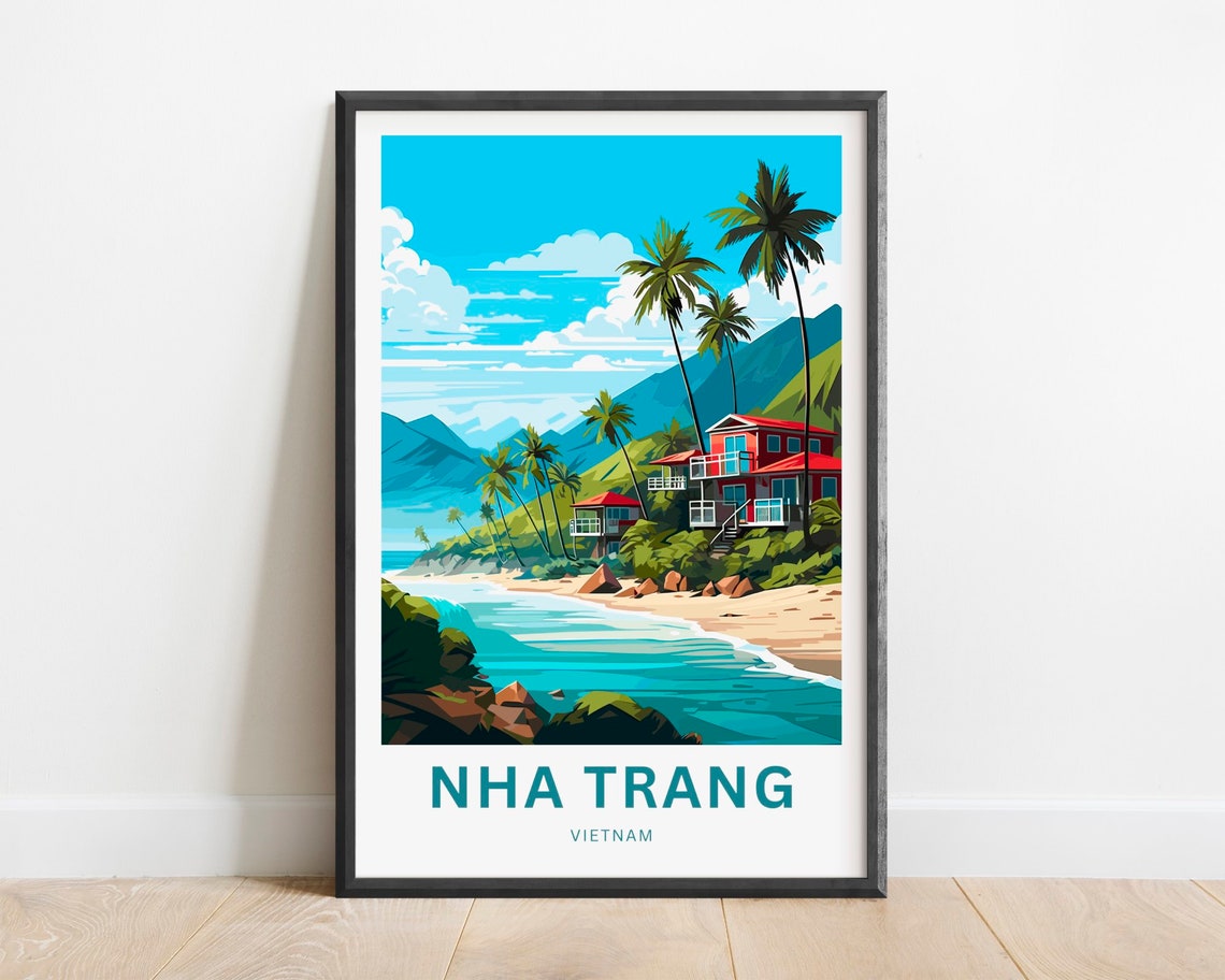Nha Trang Vietnam Beach Villas Palms Turquoise Bay Scene Poster