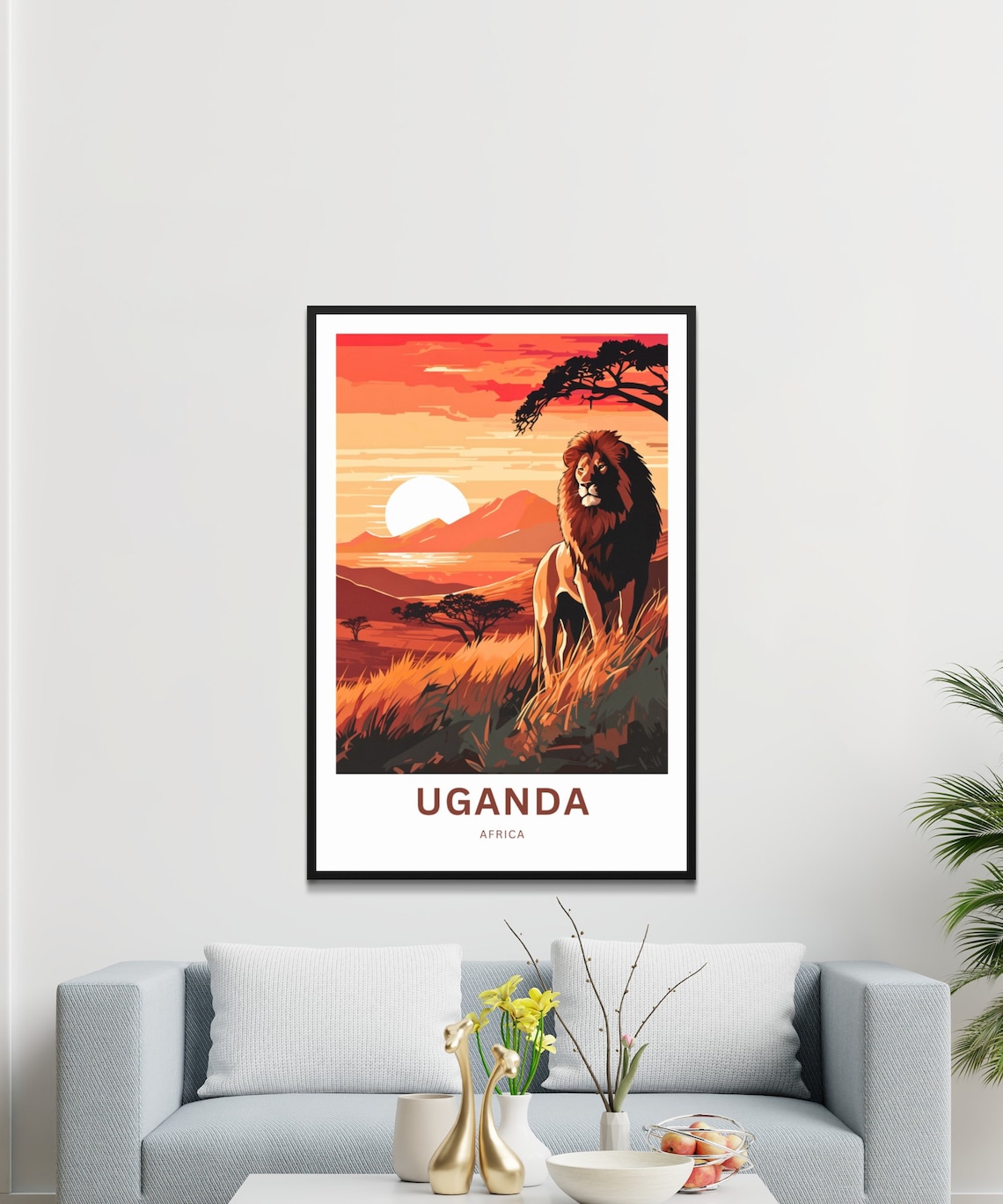 Uganda Africa Travel Poster Lion Sunset Savanna Acacia Wildlife Scene - Image 3