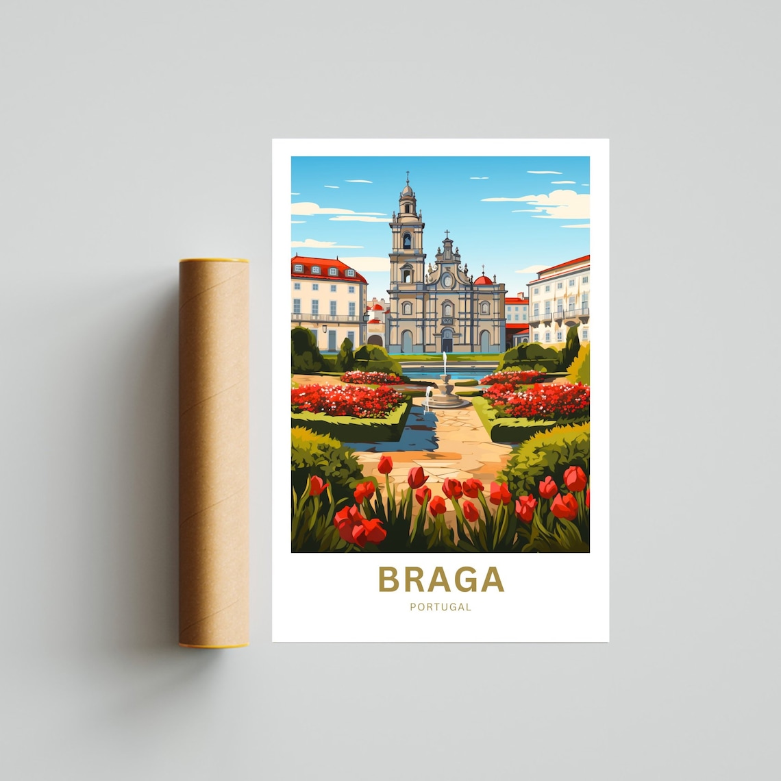 Braga Portugal Baroque Church Courtyard Tulip Garden Travel Poster - Image 4