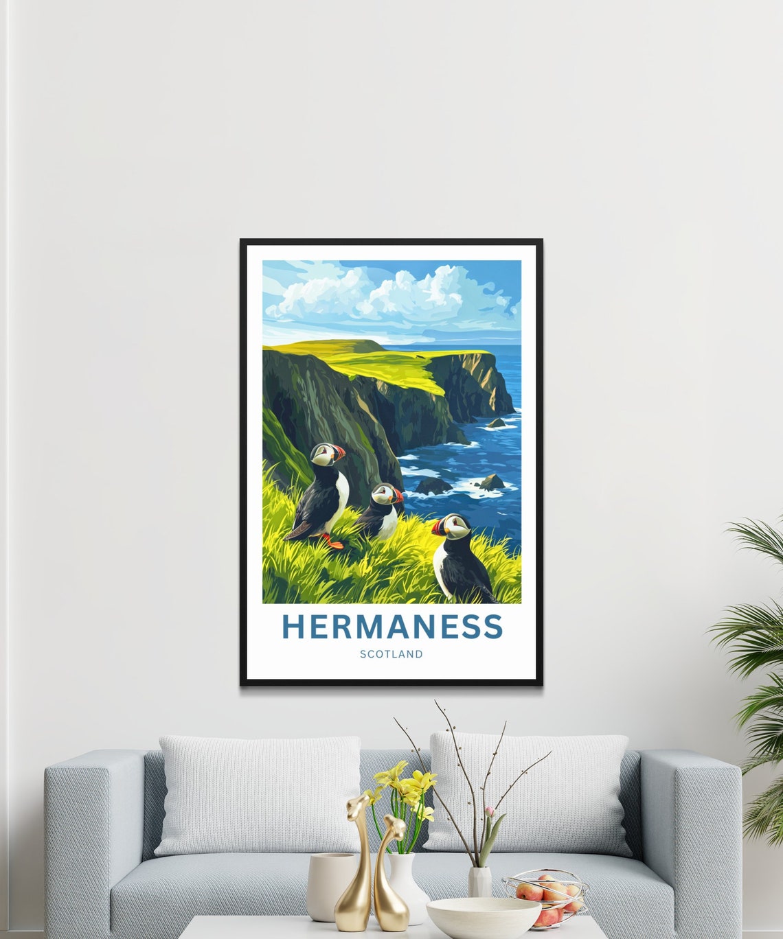 Hermaness Scotland Three Puffins on Grassy Cliff Edge Poster - Image 4