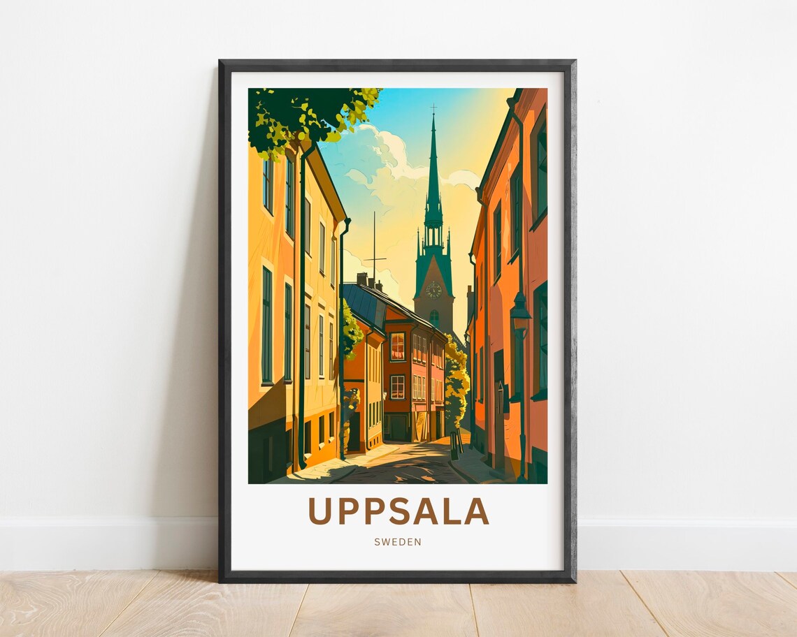 Uppsala Sweden Old Town Street with Church Spire Summer Travel Poster