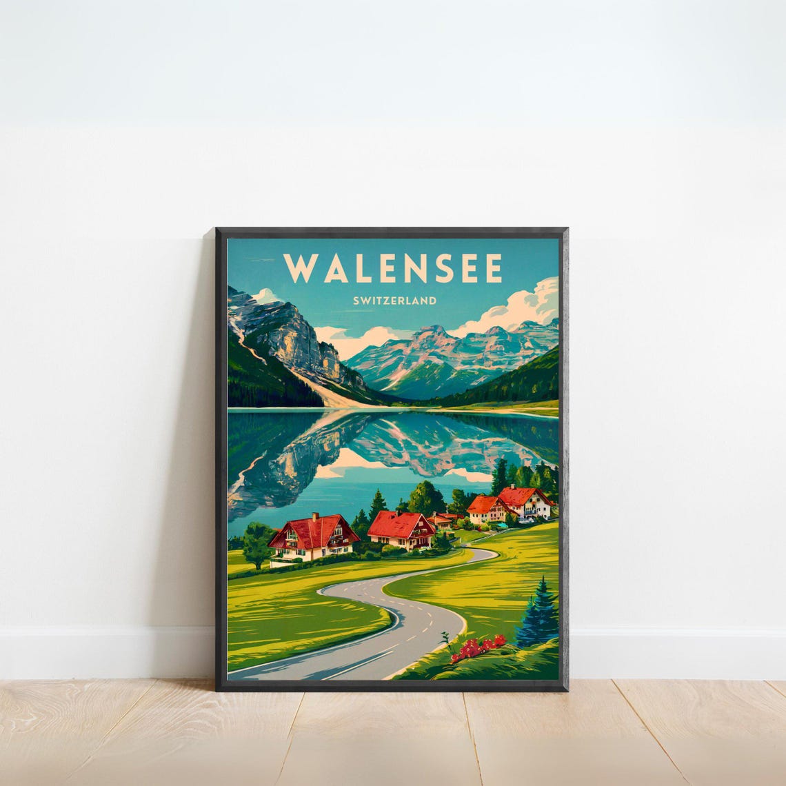 Walensee Switzerland Mirror Lake Chalets Mountain View Poster