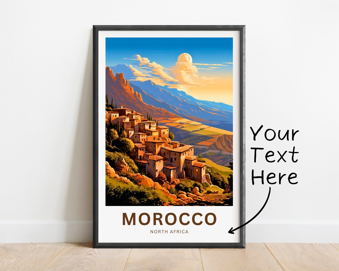 Personalized Morocco Atlas Mountain Village Sunset Moon Travel Poster
