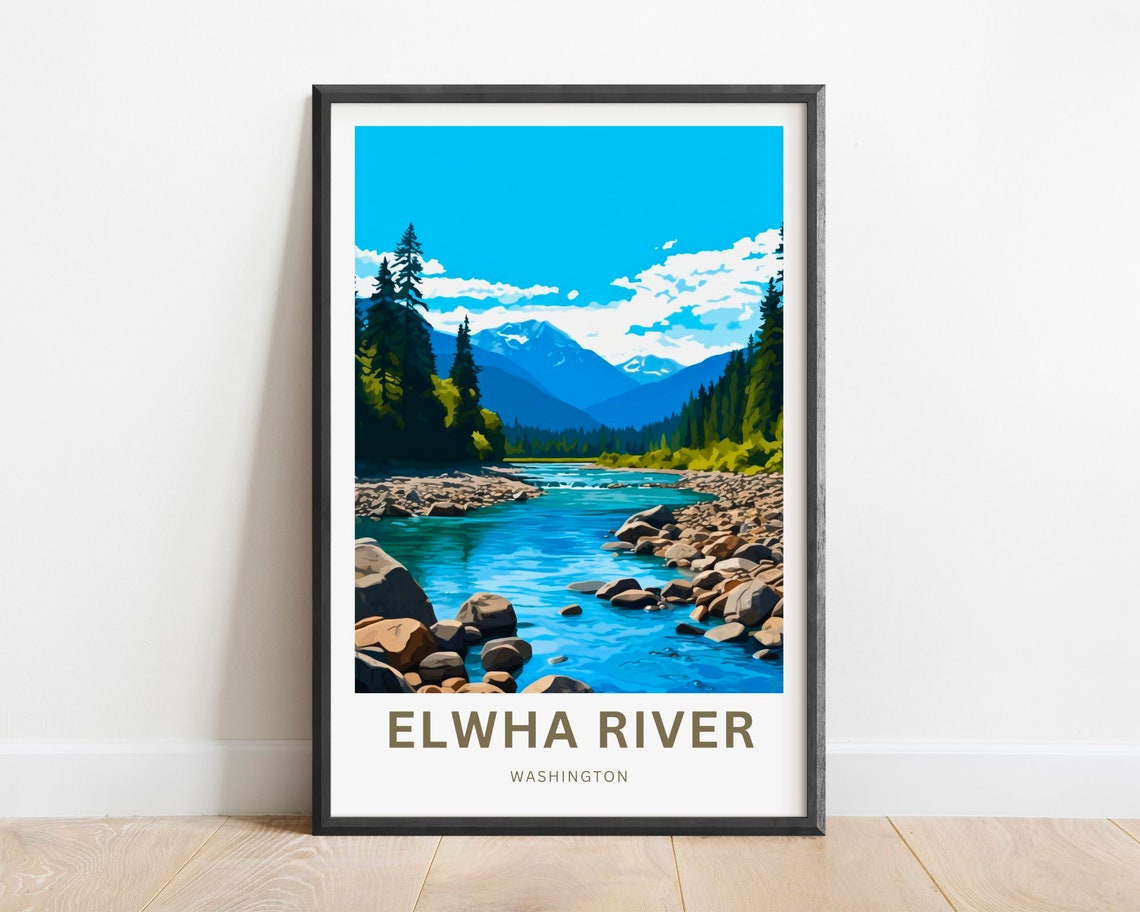 Elwha River Washington Blue River Rapids Rocky Peaks Travel Poster