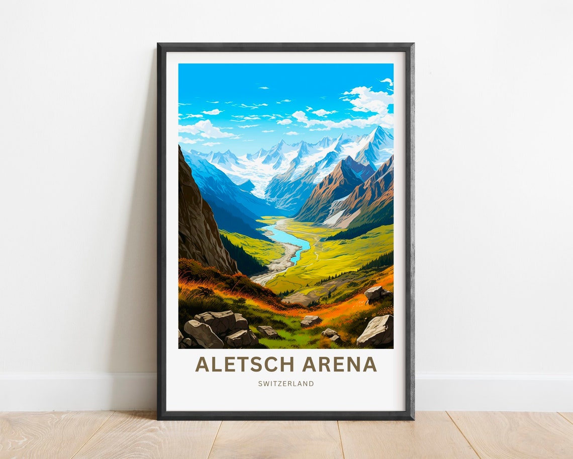 Aletsch Arena Switzerland Alpine Glacier River Valley Travel Poster
