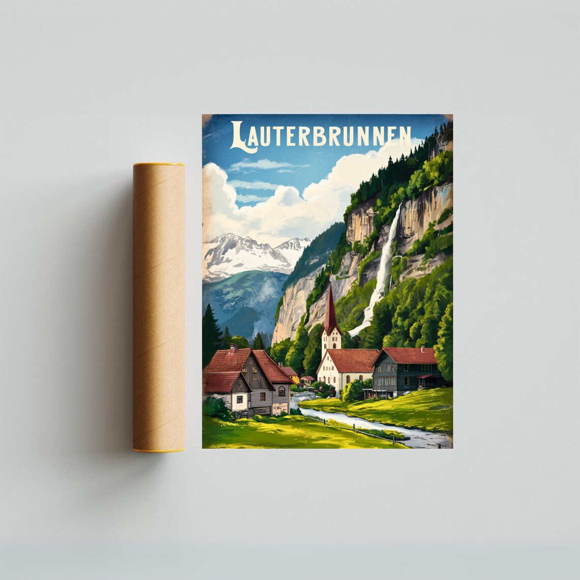 Lauterbrunnen Switzerland Vintage Waterfall Village Travel Poster - Image 3