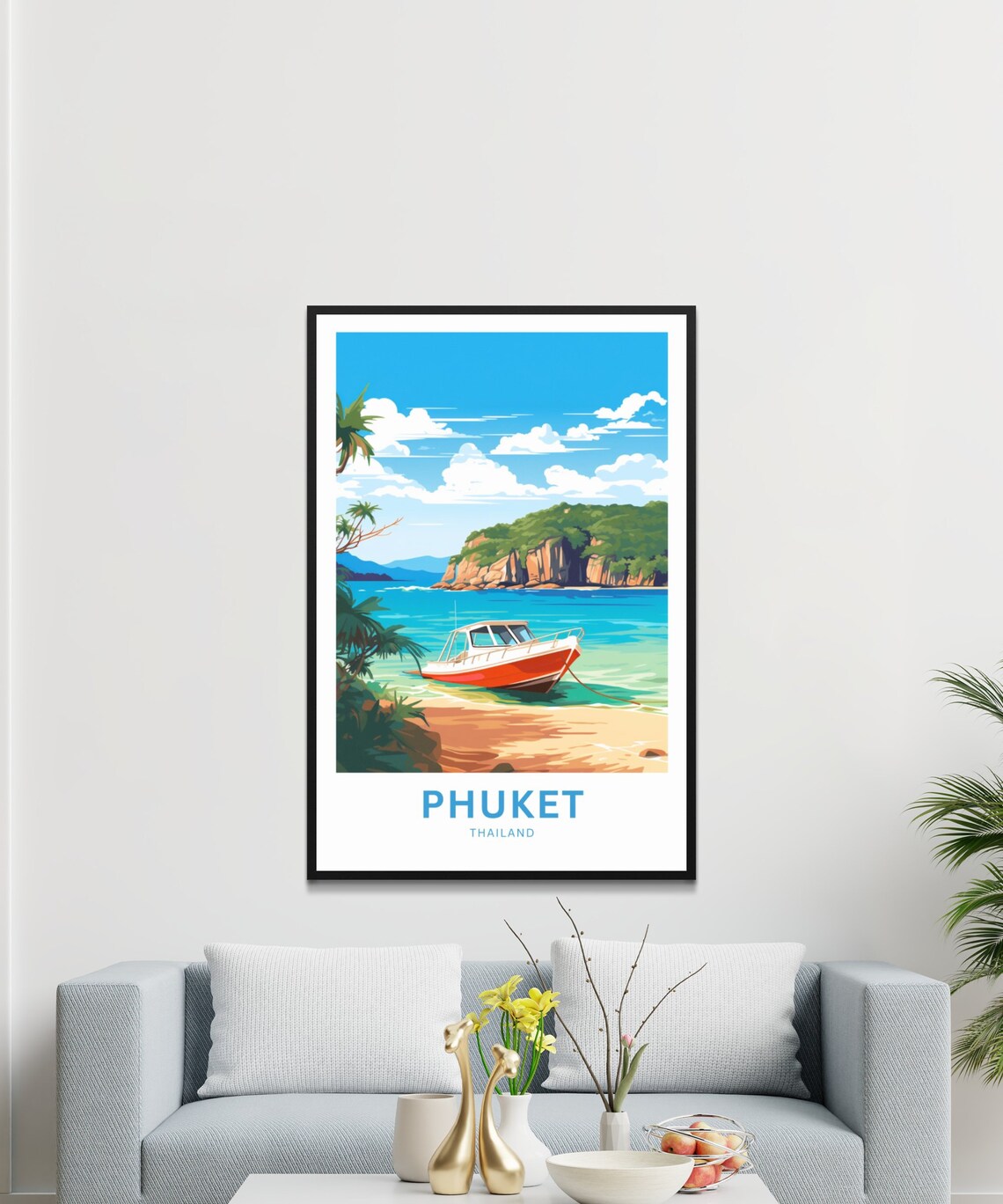Phuket Thailand Travel Poster Orange Boat Anchored Tropical Bay Art - Image 3