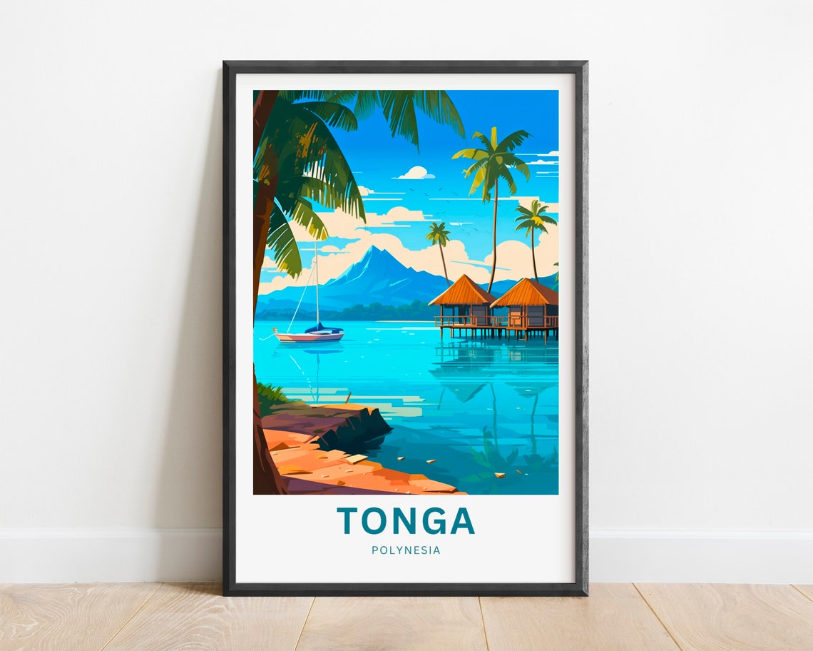 Tonga Polynesia Lagoon Overwater Huts Sailboat Tropical Scene Poster