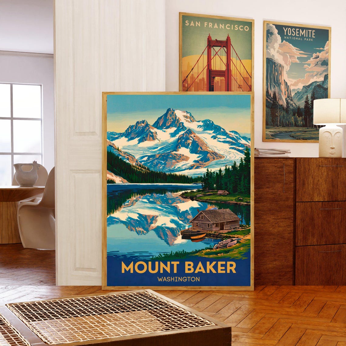 Mount Baker Washington Alpine Lake Reflection Cabin Travel Poster - Image 5