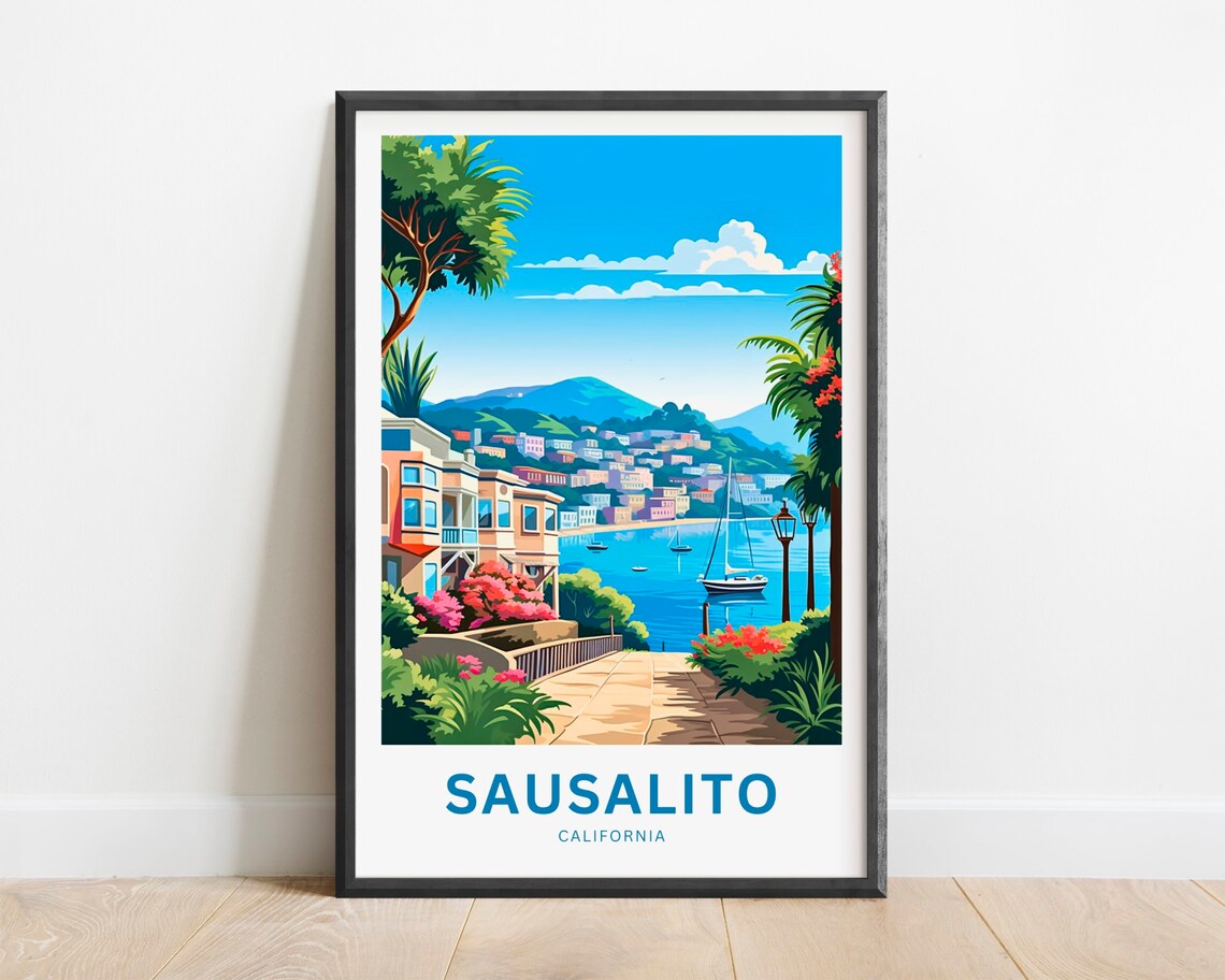 Sausalito California Bay Hillside Sailboat Harbor Travel Poster