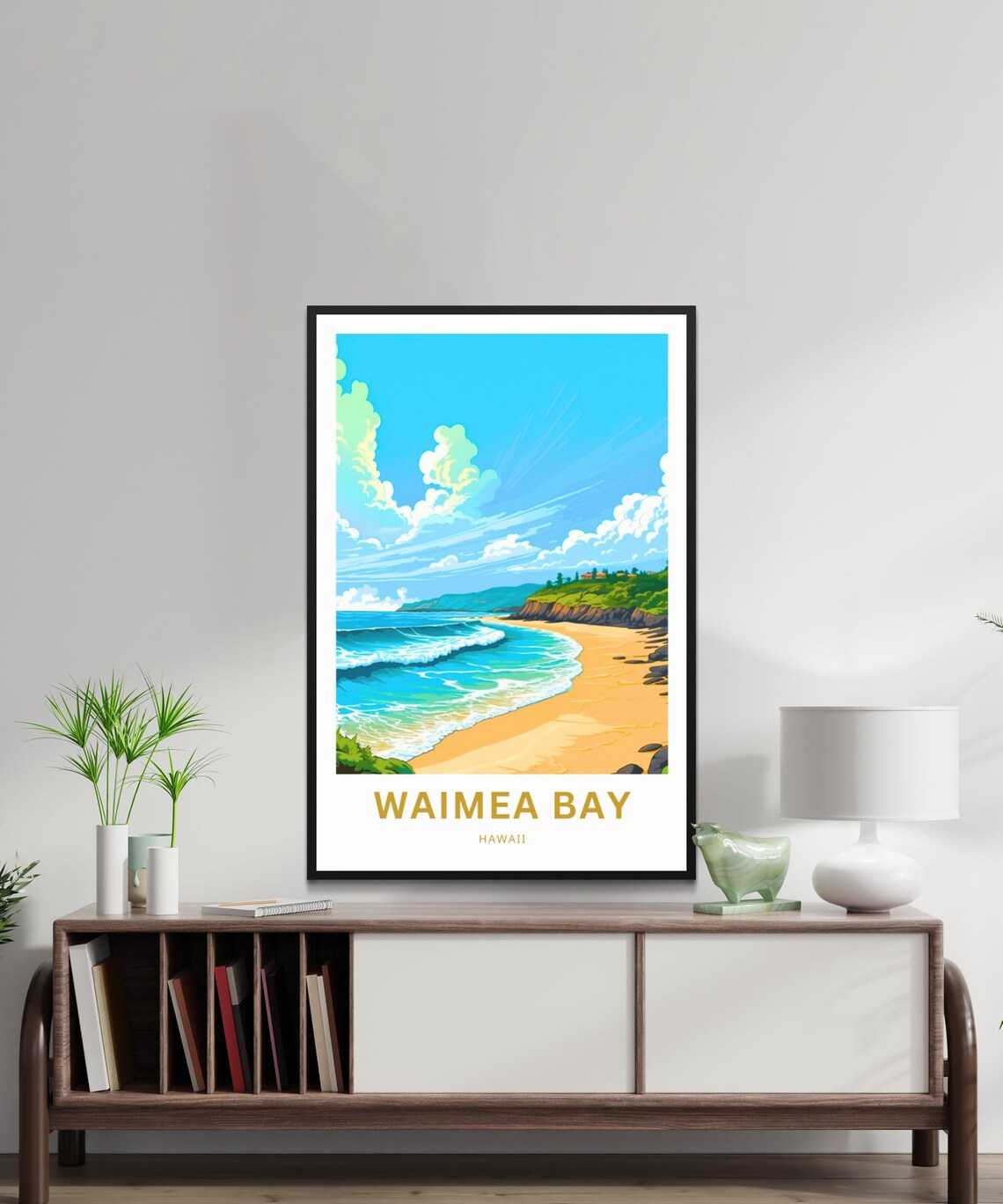 Waimea Bay Hawaii Golden Beach Waves Cliffs Scene Travel Poster - Image 2