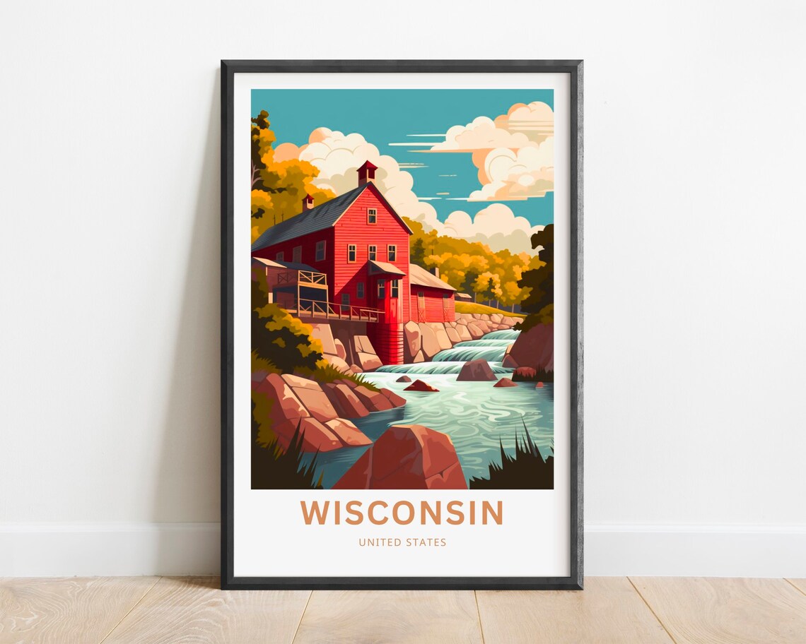 Wisconsin United States Historic Red Mill River Rapids Travel Poster
