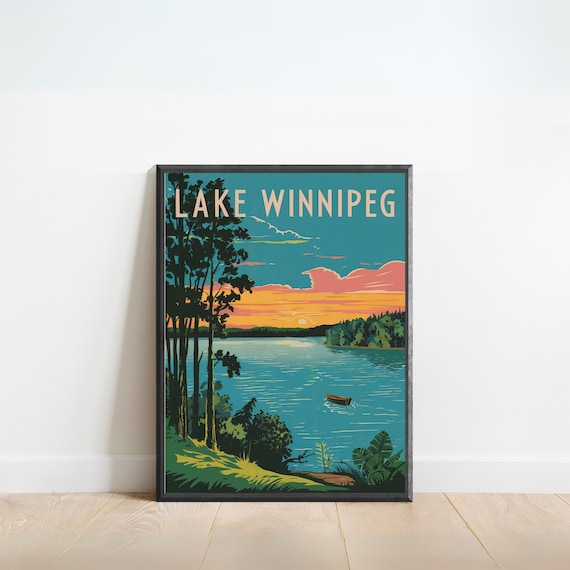 Lake Winnipeg Vintage Travel Poster Sunset Canoe Pines Retreat Art