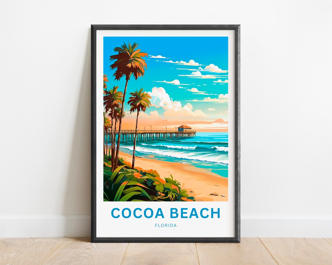 Cocoa Beach Florida Surf Pier Palm Trees Golden Sandy Beach Poster