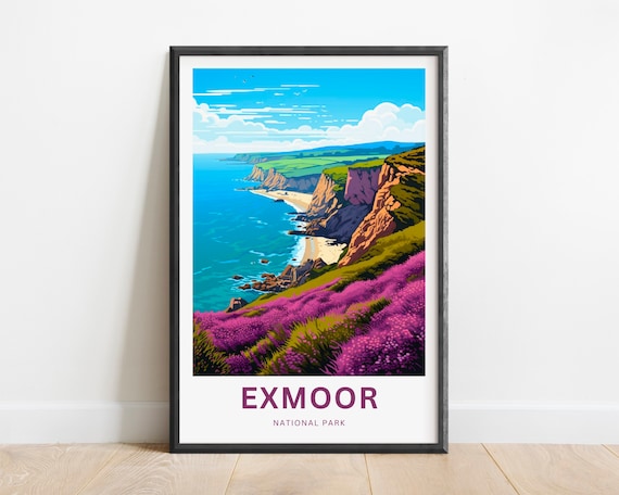 Exmoor National Park Heather Cliffs Over Turquoise Sea Poster
