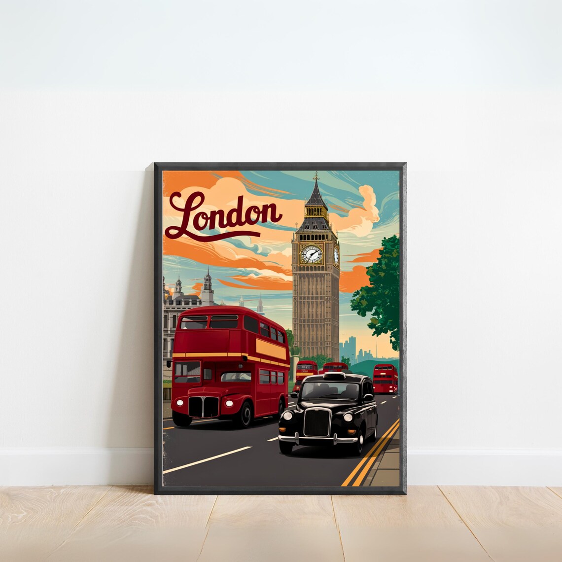 London England Vintage Retro Big Ben Red Bus and Black Cab Poster