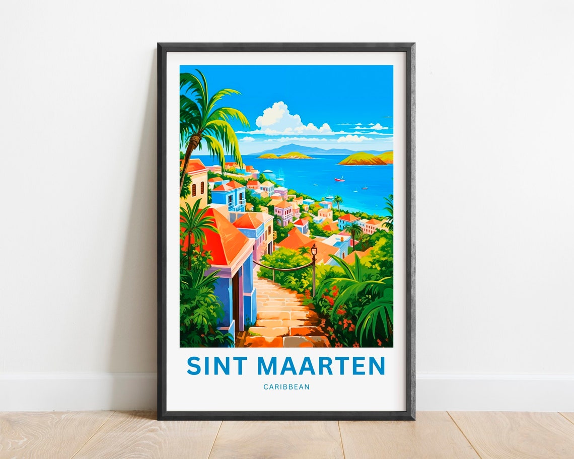 Sint Maarten Caribbean Colorful Seaside Harbor Travel Poster