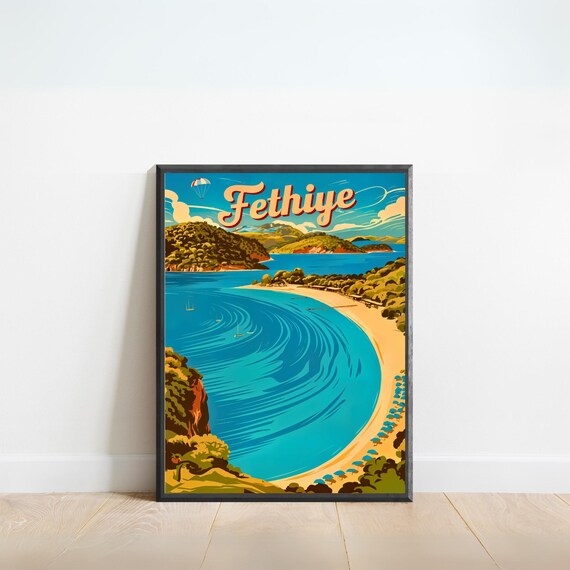 Fethiye Turkey Vintage Retro Turquoise Bay Beach Travel Poster