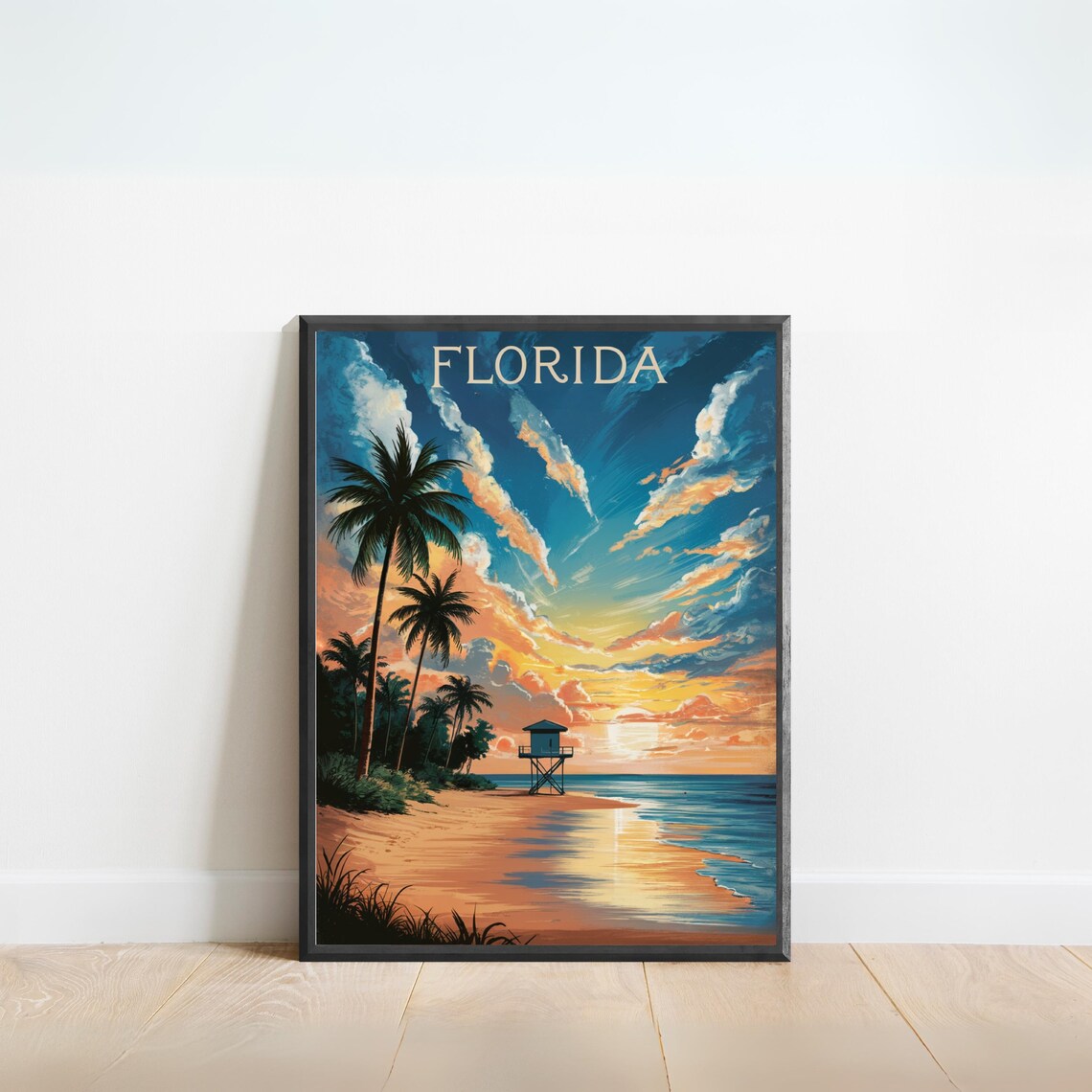 Florida Sunset Lifeguard Tower Palm Beach Retro Vintage Travel Poster