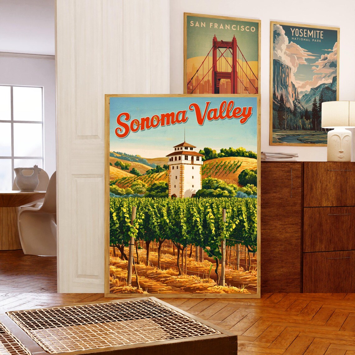 Sonoma Valley California Retro Wine Country Poster Vineyard Rows Art - Image 5