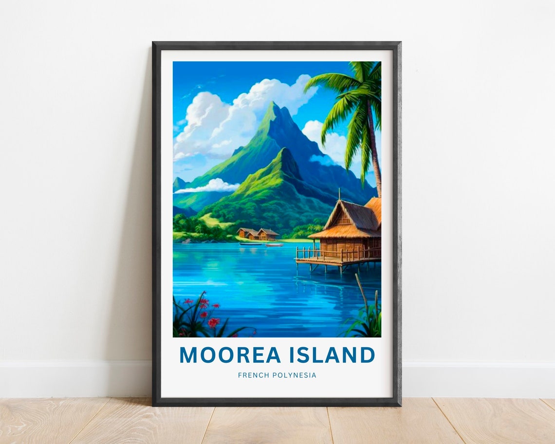 Moorea Island Poster with Tropical Mountain and Overwater Bungalow