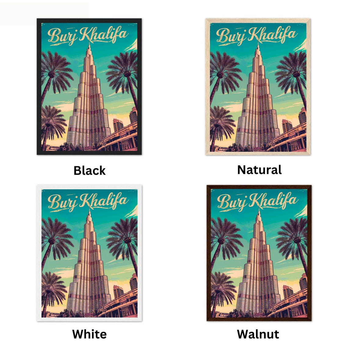 Burj Khalifa Dubai Vintage Tower Palms Skyline Retro Travel Poster - Image 4