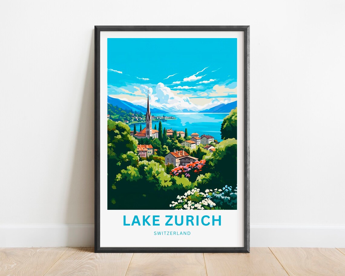 Lake Zurich Switzerland Green Hillside Village Flowers Travel Poster